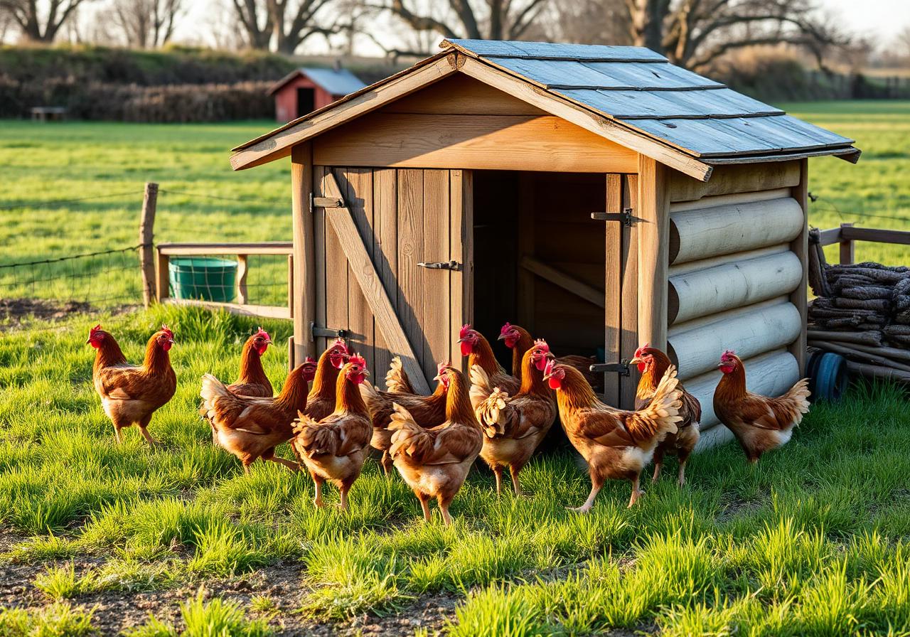 Hühnerstall mit Hühnern auf Wiese